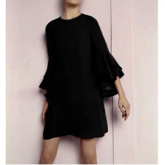 Alexis Black 100% Silk Long 3/4 Sleeve Bell Sleeve Mini Shift Dress Size XS